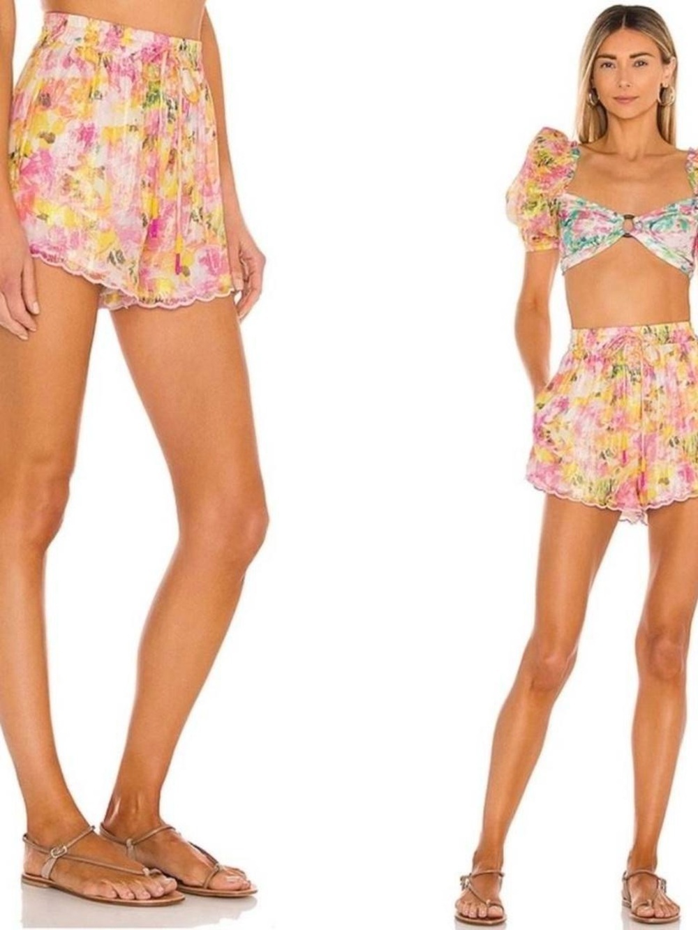 Rococo Sand Floral Shorts Pink Yellow Scalloped Hem Beaded Size Small Festival - Picture 3 of 8